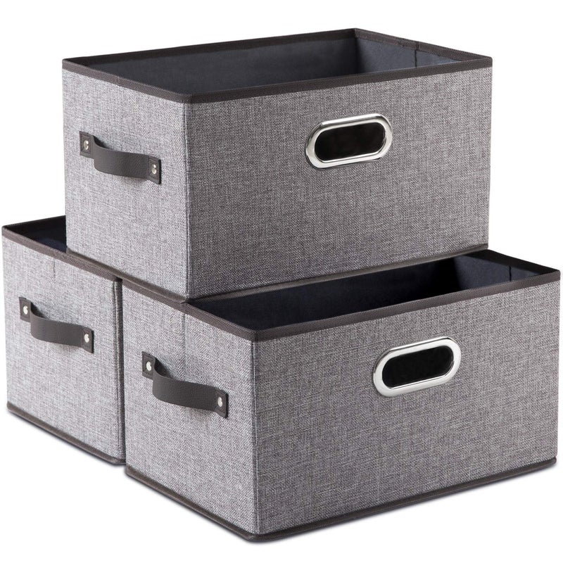 PRANDOM Large Foldable Storage Bins for Shelves [3-pack] Decorative Linen Fabric Storage Baskets Cubes with Leather/Metal Handles for Closet Nursery Office Grey and Black Trim (14.9x9.8x8.3 Inch) - Image 1